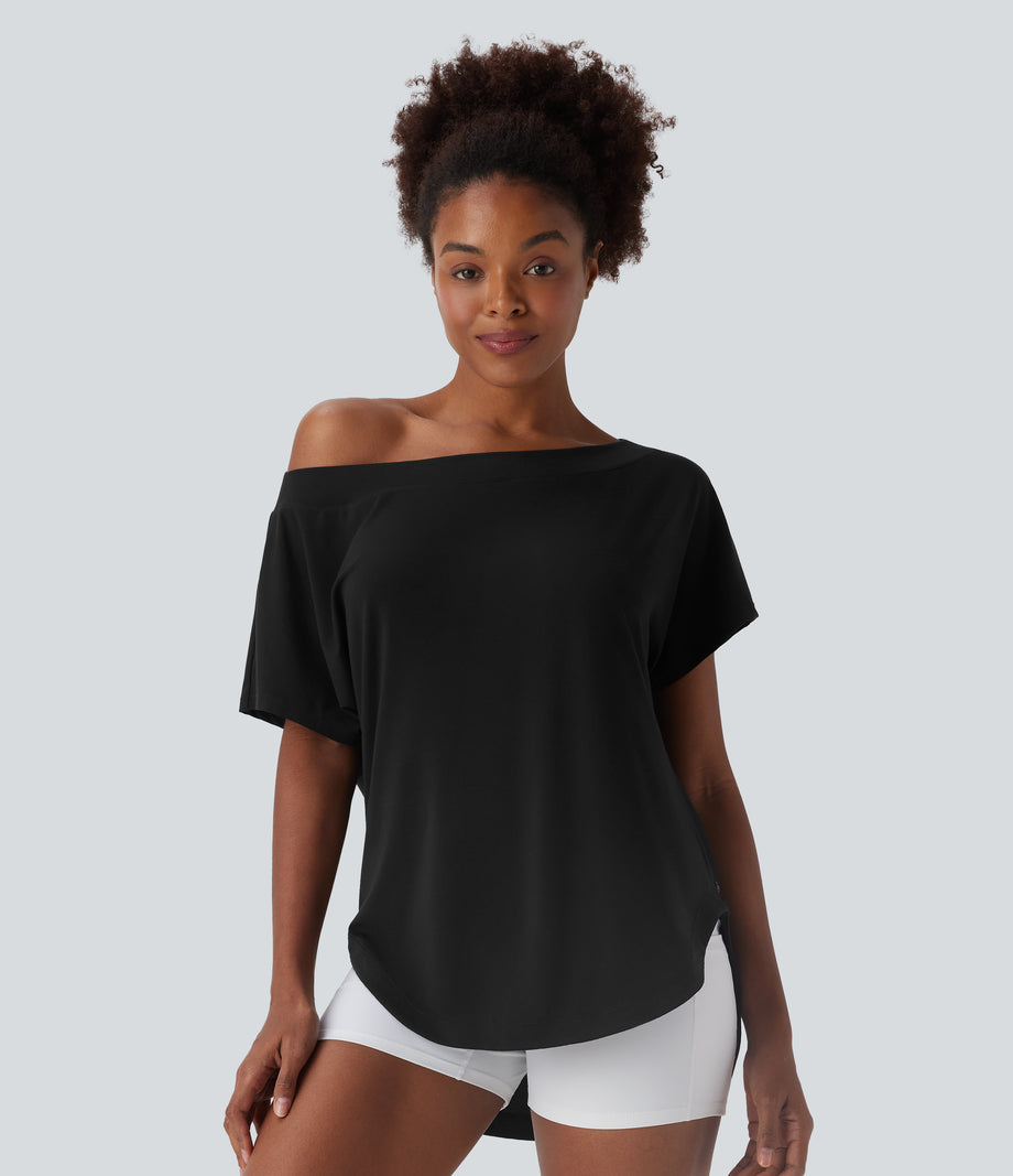 One Shoulder Short Sleeve Curved Hem High Low Quick Dry Yoga Sports Top - Black
