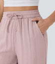 High Waisted Drawstring Pocket Wide Leg Baggy Casual Linen-Feel Pants - Mauveglow