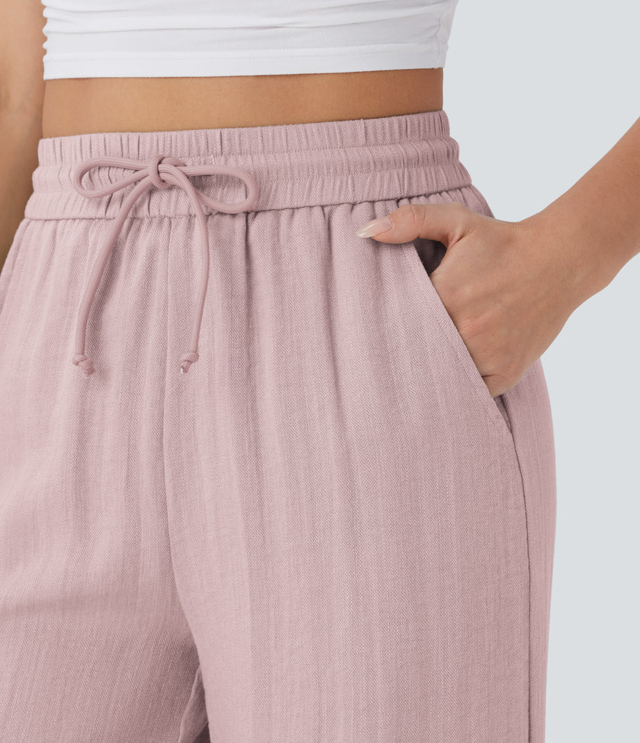 High Waisted Drawstring Pocket Wide Leg Baggy Casual Linen-Feel Pants - Mauveglow