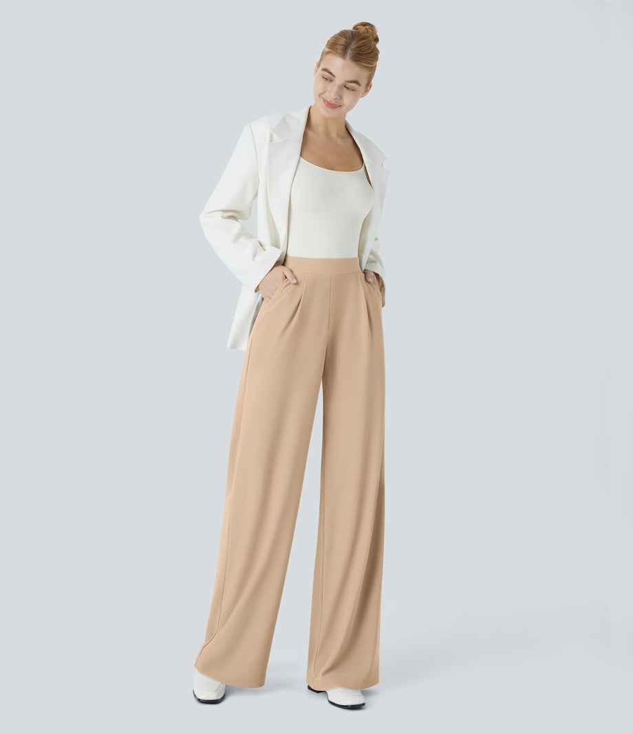 Halara Flex™ High Waisted Body Sculpt Waist-Slimming Pocket Wide Leg Micro Waffle Work Pants - Mellow Buff