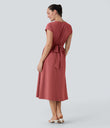 Breezeful™ V Neck Short Sleeve Pocket Tie Back Quick Dry Midi Casual Dress - Kapok Red