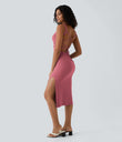 Ruched Lace Up Bodycon Midi Casual Dress - Begonia Rouge
