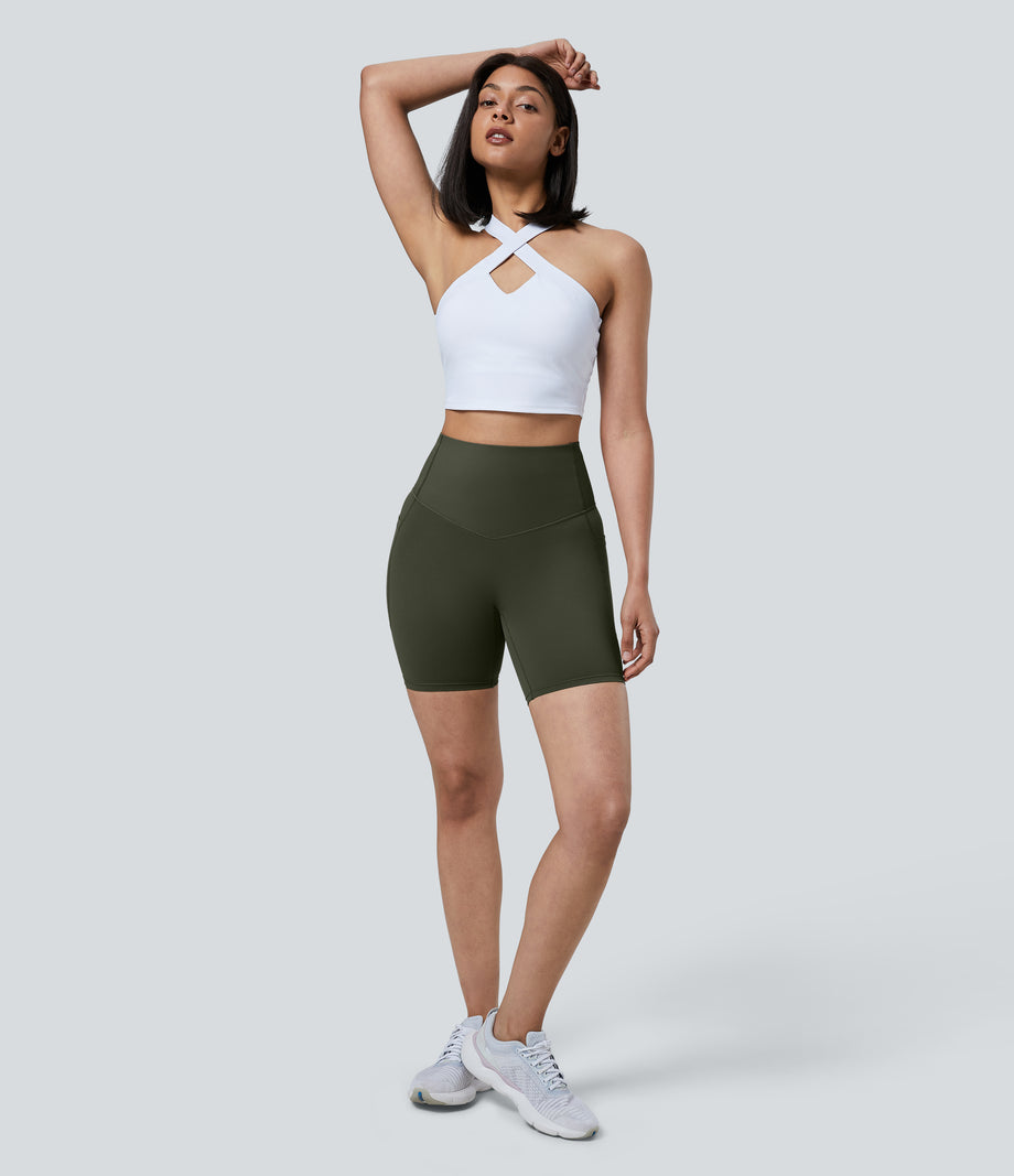 Halara UltraSculpt™ High Waisted Tummy Control Pocket Shaping Training Biker Shorts 7'' - Deep Woodland Green