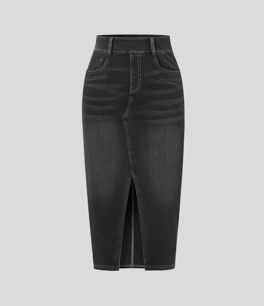 Halara Flex™ High Waisted Pockets Bodycon Washed Denim Casual Midi Skirt - Dirty Grey Black Denim