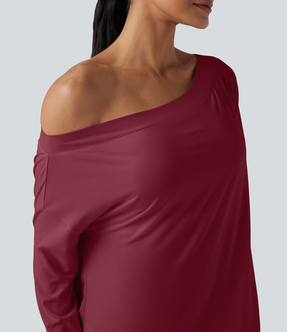 One Shoulder Long Sleeve Thumb Hole Curved Hem High Low Quick Dry Yoga Sports Top-Built-in Bra - Tibetan Red