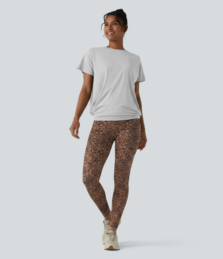Round Neck Short Sleeve Ruched Cool Touch Yoga Sports Top-UPF50+ - Nimbus Cloud