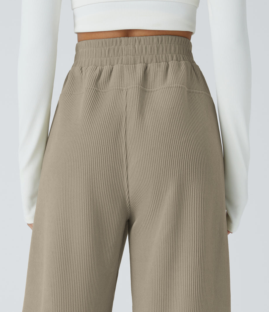 High Waisted Pocket Straight Leg Baggy Mop Corduroy Casual Pants - Crockery