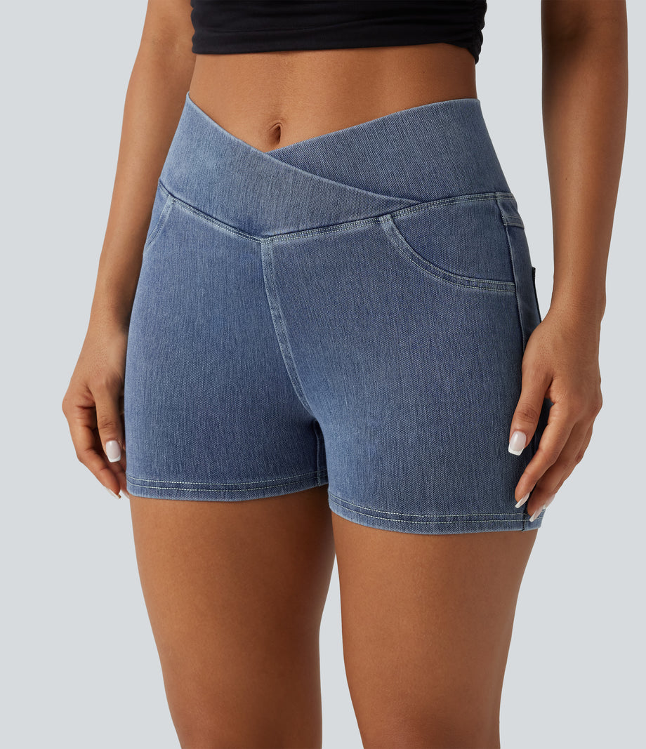 Halara Flex™ High Waisted Crossover Pocket Denim Casual Shorts 3" - Ice Crevice Denim