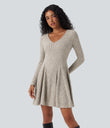 Ribbed Knit V Neck Long Sleeve Flare Mini Casual Dress with Pockets - Warm Grey Floral Velvet