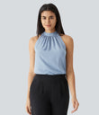 Keyhole Back Halter Sleeveless Curved Hem Work Blouse - Skyride