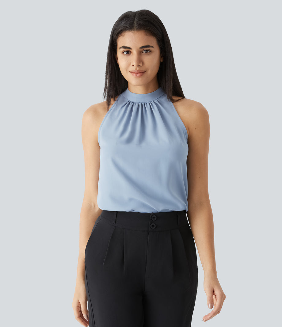Keyhole Back Halter Sleeveless Curved Hem Work Blouse - Skyride