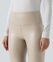 High Waisted Tummy Control Stretchy PU Fleece 7/8 Skinny Casual Leggings with Pockets - French Oak