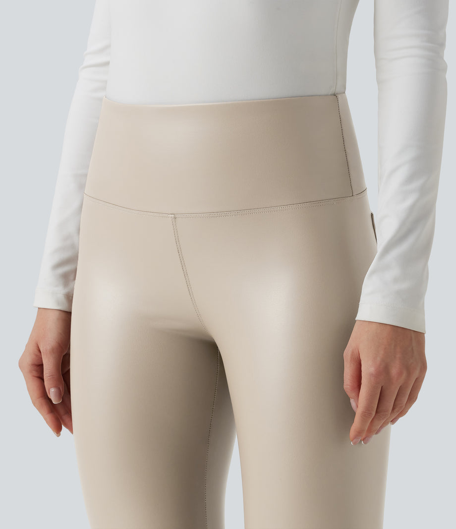 High Waisted Tummy Control Stretchy PU Fleece 7/8 Skinny Casual Leggings with Pockets - French Oak