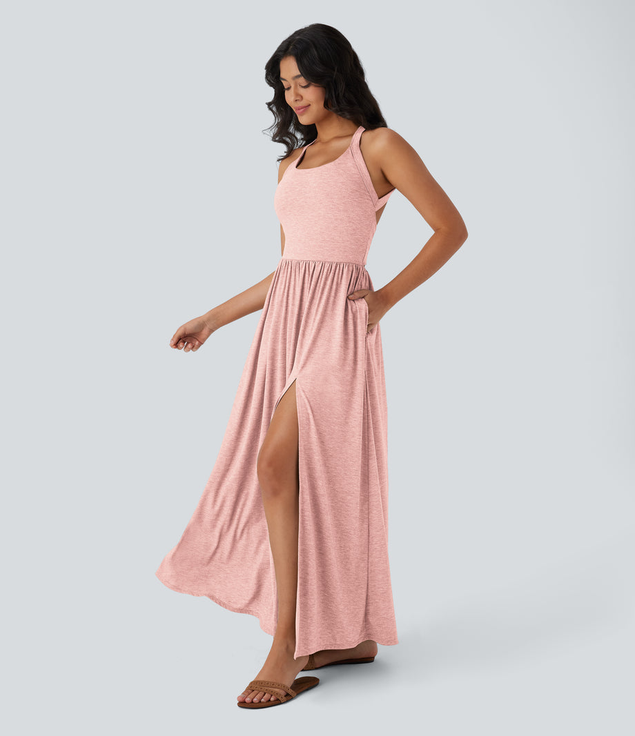 Twisted Backless Split Flowy Maxi Resort Dress with Pockets - Creole Pink Floral Yarn