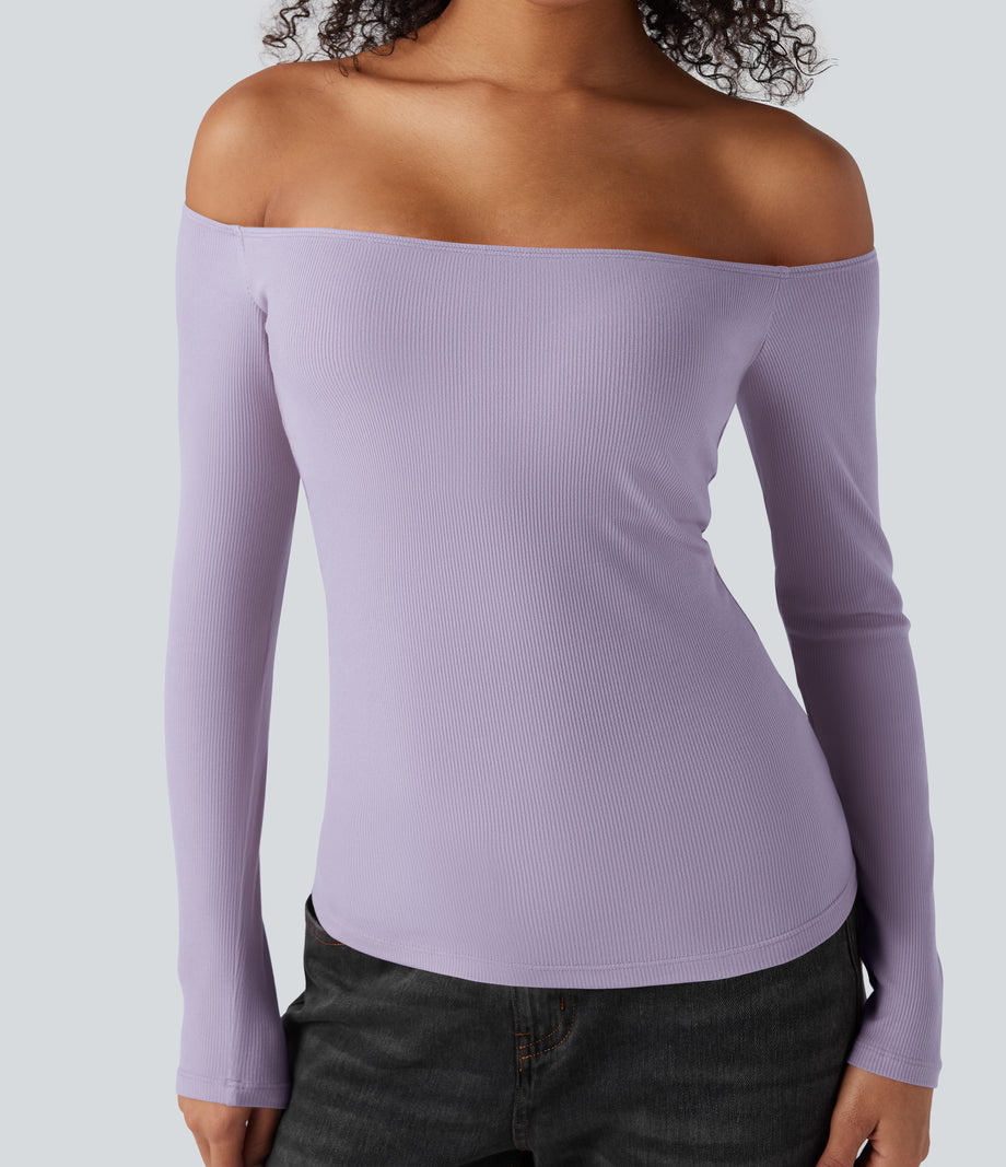 Ribbed Knit Off Shoulder Long Sleeve 2-in-1 Casual Top - Mashed Taro purple