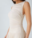 Ribbed Boat Neck Asymmetric Strap Ruched Pocket Flowy Maxi Casual Dress - Rice Khaki