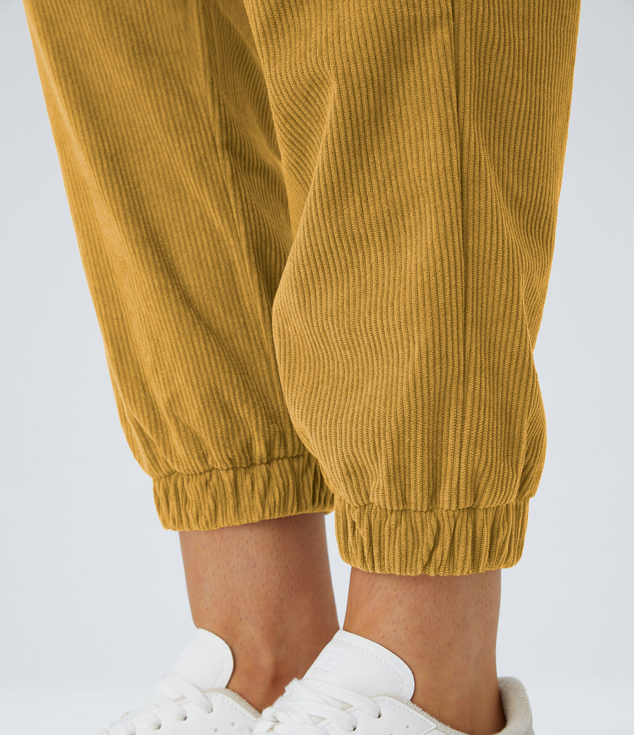 Mid Rise Zipper Pockets Corduroy Casual Joggers - Amber Gold