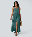 Twisted Backless Split Flowy Maxi Resort Dress with Pockets - Jade Green Floral Yarn