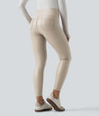 High Waisted Tummy Control Stretchy PU Fleece 7/8 Skinny Casual Leggings with Pockets - French Oak