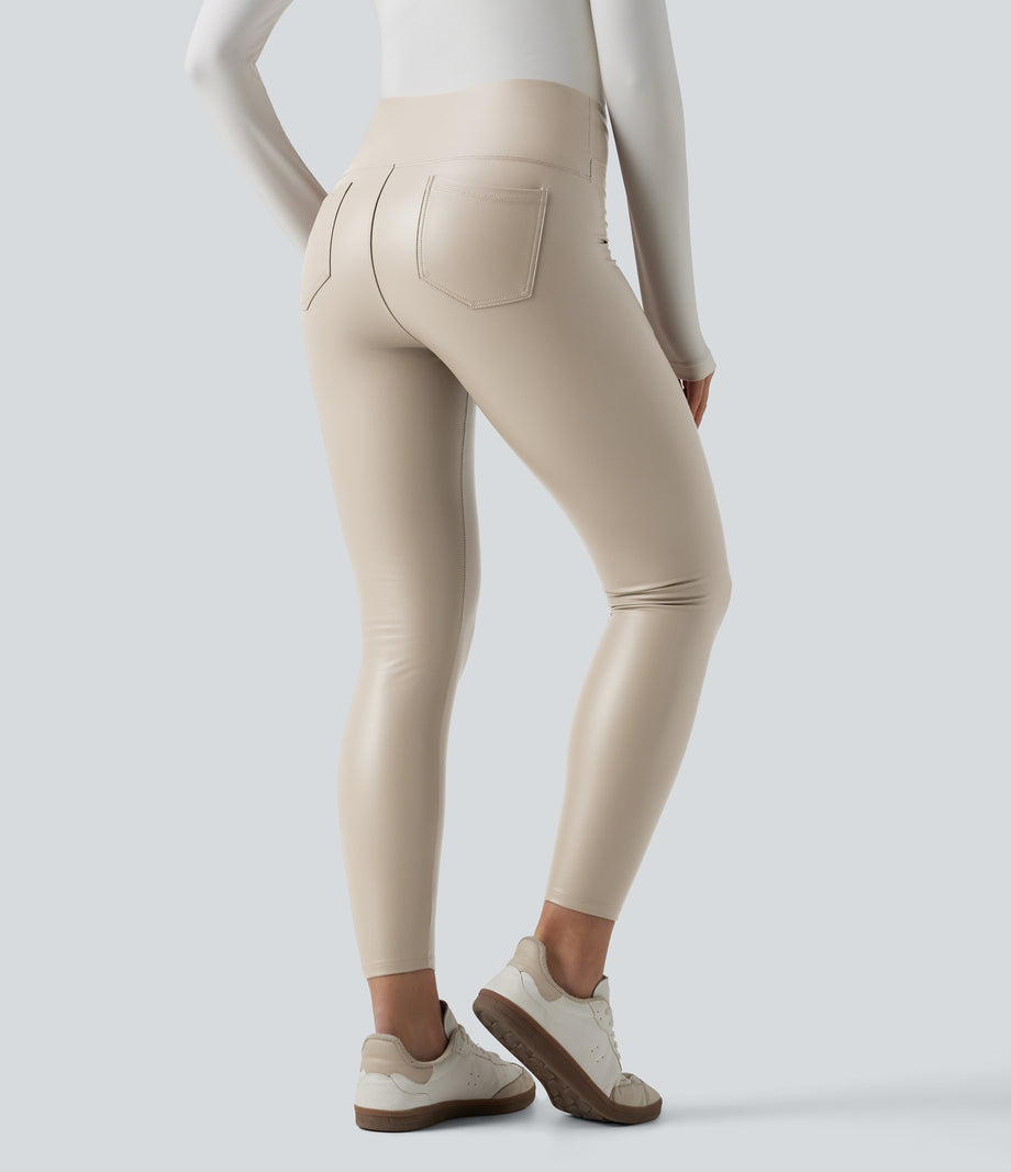 High Waisted Tummy Control Stretchy PU Fleece 7/8 Skinny Casual Leggings with Pockets - French Oak