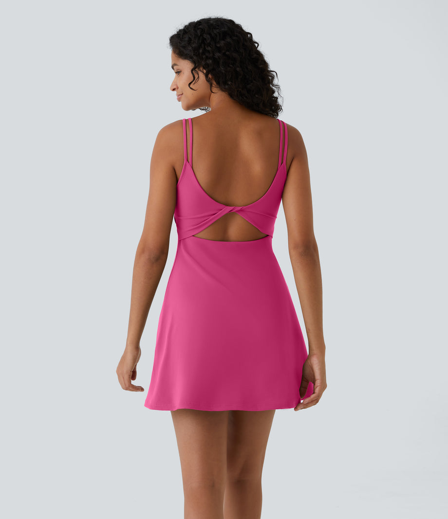 SoftlyZero™ Plush Double Straps 2-Piece Pocket Slip Dance Active Dress A-D Cups - Fuchsia Purple