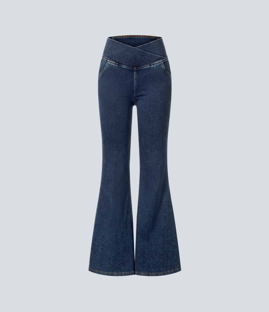 Halara Flex™ High Waisted Crossover Pocket Washed Casual Jeans - Washed Denim Navy Blue