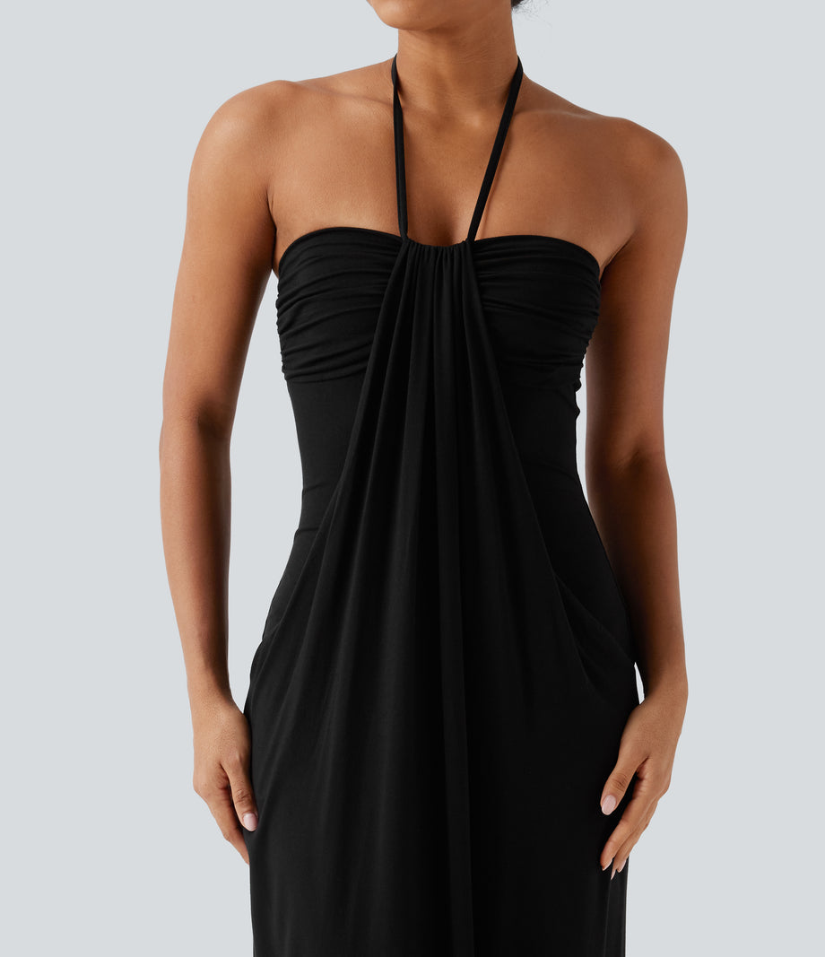 Halter Tie Back Maxi Dress with Pockets - Black