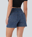 Halara Flex™ Crossover High Waisted Pockets Wide Leg A Line Washed Denim Casual Shorts - Tide Blue Denim