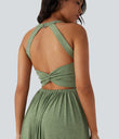 Twisted Backless Split Flowy Maxi Resort Dress with Pockets - Light Green Floral Yarn