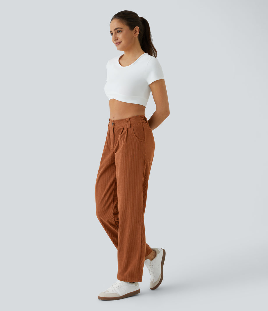 Mid Rise Zipper Pocket Corduroy Casual Pants - Baked Clay