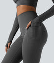 Halara Ultrasculpt™ Heat High Waisted Tummy Control Crossover Back Fleece Running Leggings with Pockets - Black Oyster