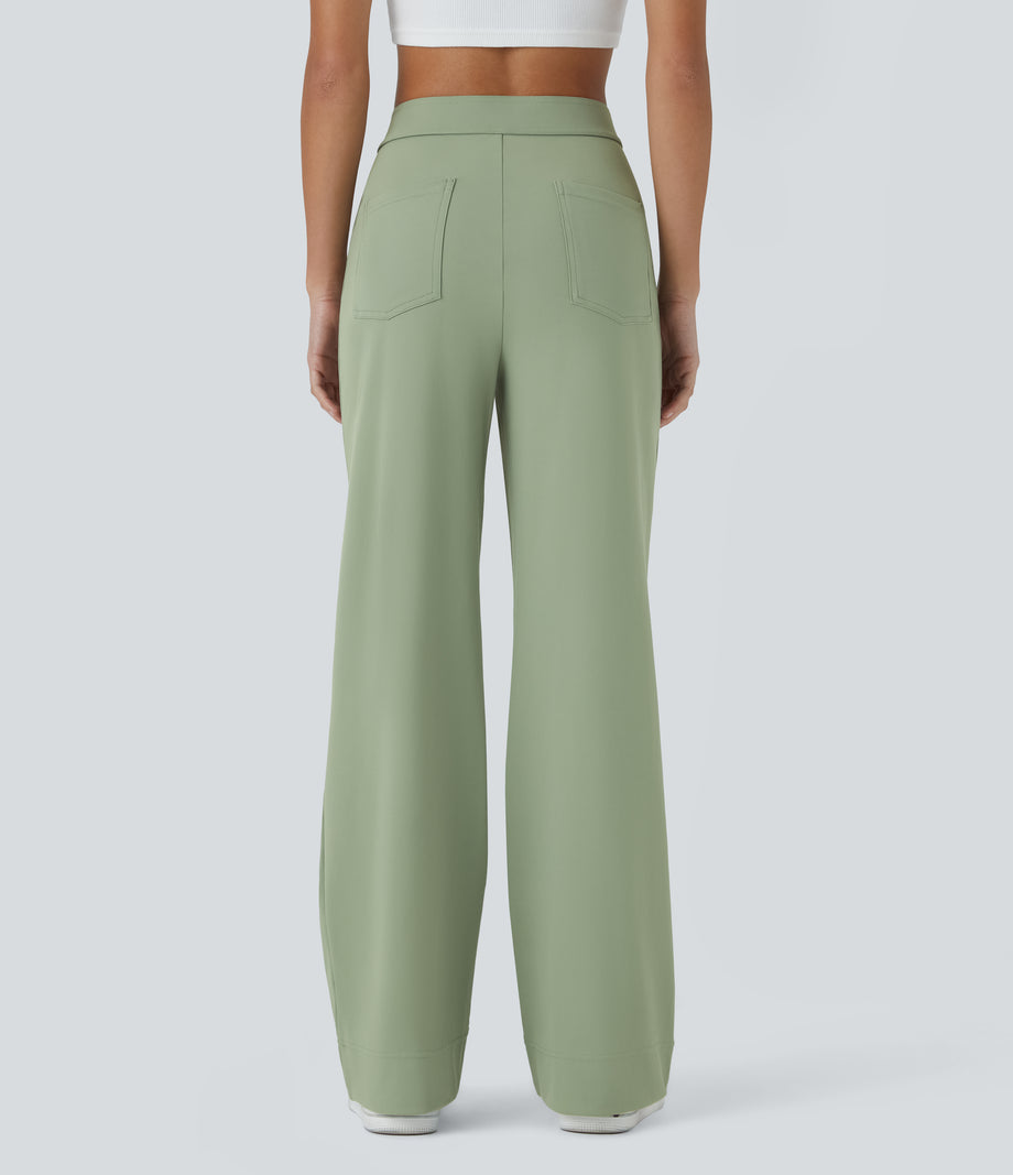 DayStretch High Waisted Pockets Straight Leg Casual Pants - Asparagus
