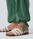 Crossover High Waisted Pocket Drawstring Casual Joggers - Emerald Floral Yarn
