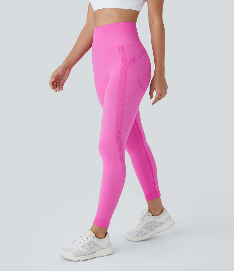 OneForm Seamless Flow High Waisted Ruched 7/8 Yoga Leggings - Fuchsia Fedora