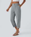 High Waisted Zipper Pocket Cropped Linen-Feel Pants - Quarry