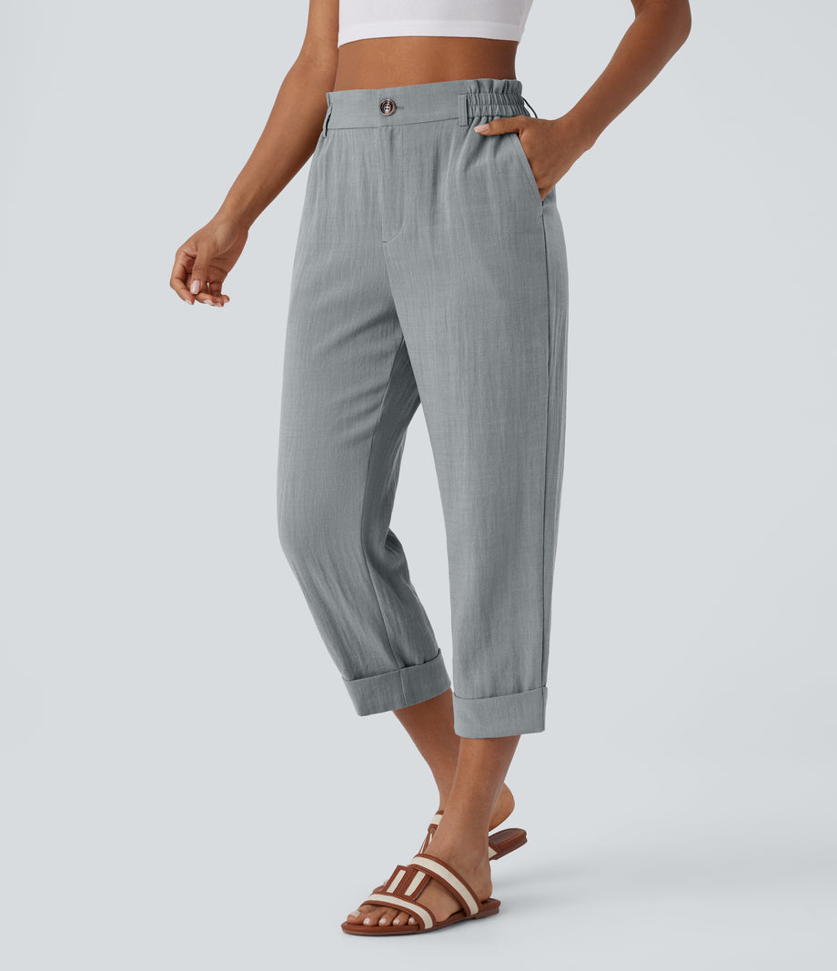 High Waisted Zipper Pocket Cropped Linen-Feel Pants - Quarry