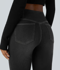 Halara Flex™ High Waisted Crossover Pocket Washed Casual Flare Jeans - Carbon Paint Denim