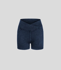 Halara Flex™ High Waisted Crossover Pocket Denim Casual Shorts 3" - Washed Denim Navy Blue