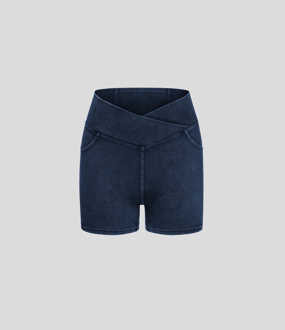 Halara Flex™ High Waisted Crossover Pocket Denim Casual Shorts 3" - Washed Denim Navy Blue