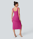 SoftlyZero™ Airy Square Neck Backless Corset Ruched Split Bodycon Midi Cool Touch Bridesmaid and Wedding Guest Dress - Fuchsia Fedora