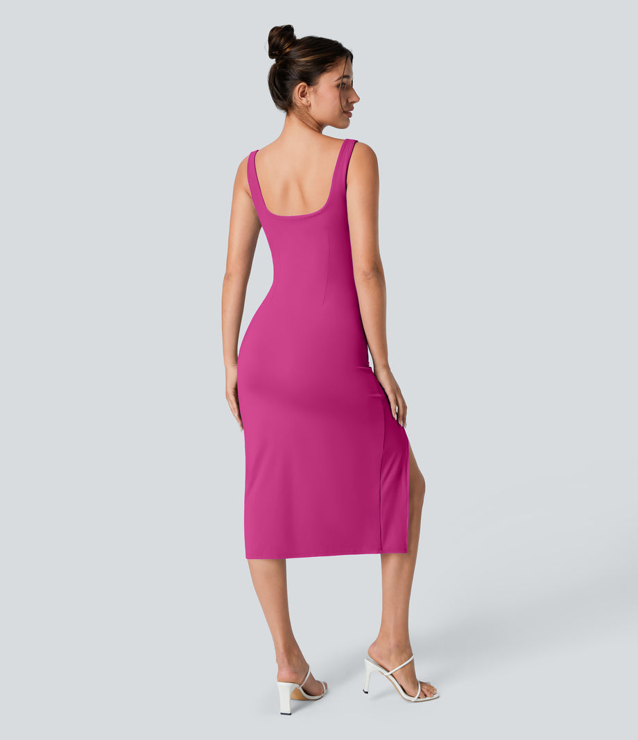 SoftlyZero™ Airy Square Neck Backless Corset Ruched Split Bodycon Midi Cool Touch Bridesmaid and Wedding Guest Dress - Fuchsia Fedora