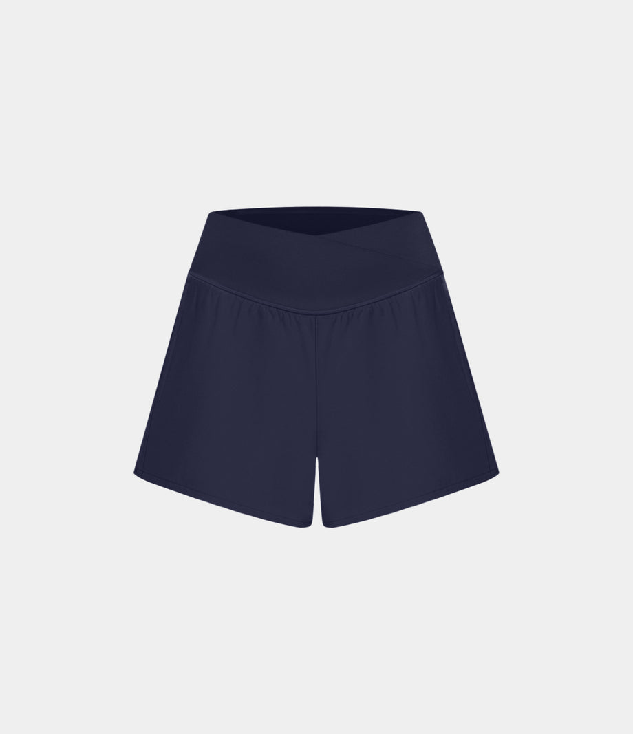 Breezeful™ High Waisted Crossover Pocket 2-in-1 Quick Dry Yoga Shorts 4" - Patriot Blue