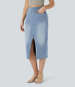 Halara Flex™ High Waisted Pockets Bodycon Washed Denim Casual Midi Skirt - Gray Blue Denim