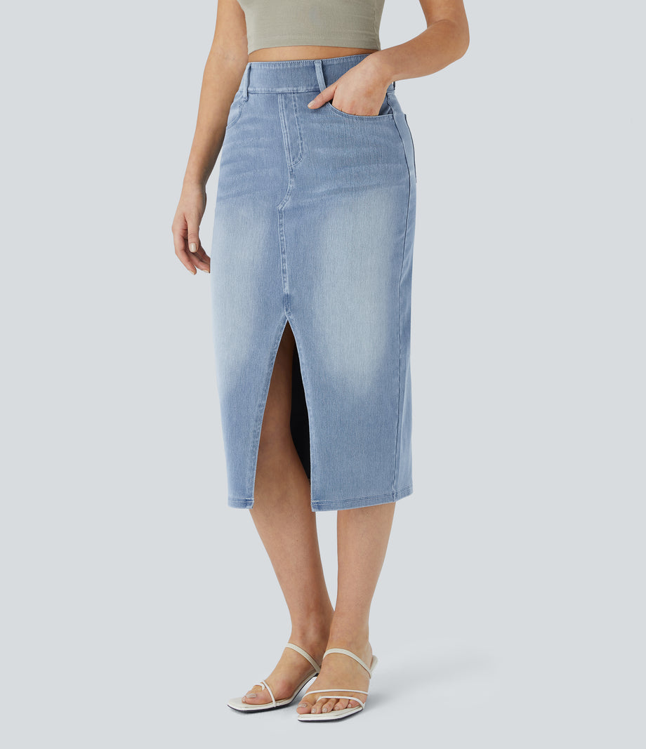 Halara Flex™ High Waisted Pockets Bodycon Washed Denim Casual Midi Skirt - Gray Blue Denim