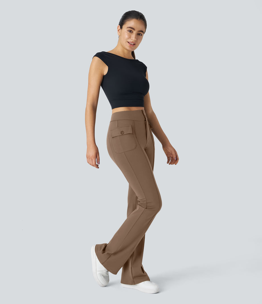 High Waisted Side Flap Pocket Flare Casual Cargo Pants - Burro