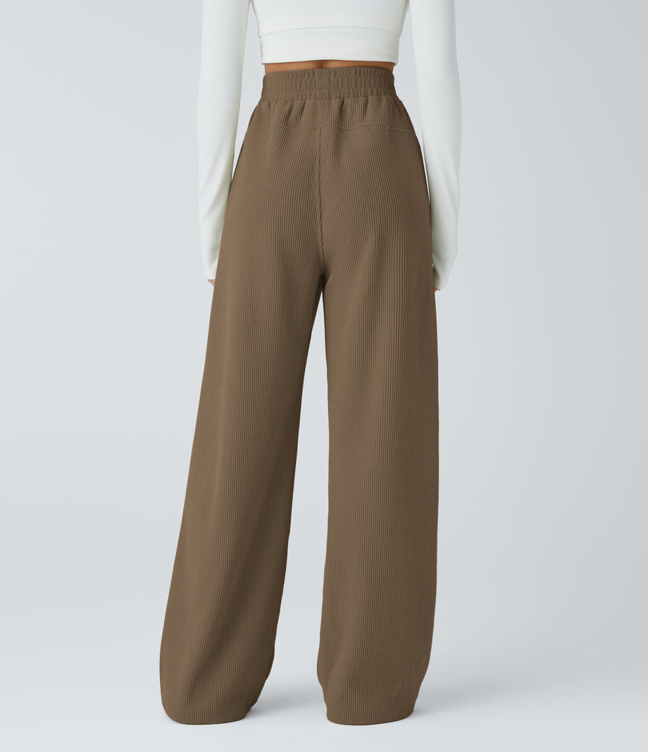 High Waisted Pocket Straight Leg Baggy Mop Corduroy Casual Pants - Chestnut Brown