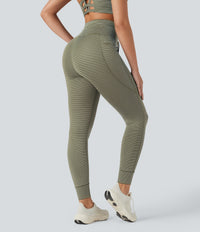 High Waisted Drawstring Striped Yoga Leggings with Pockets - Camo Olive Green