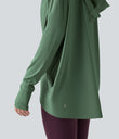 Hooded Cowl Neck Long Sleeve Thumb Hole Yoga Sports Top with Pockets - Dark Ivy