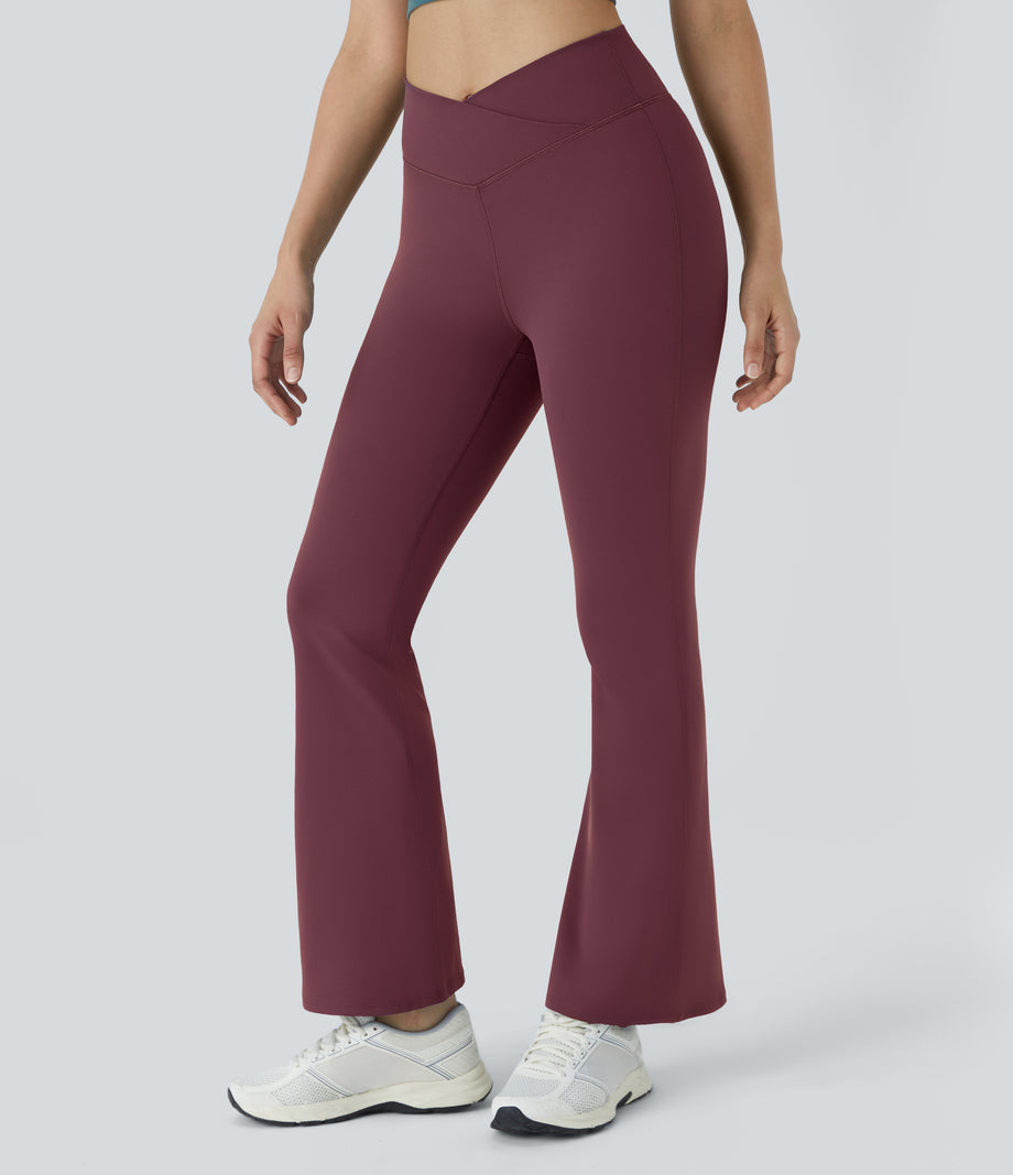 DayStretch High Waisted Crossover Flare Yoga Leggings - Red Mahogany