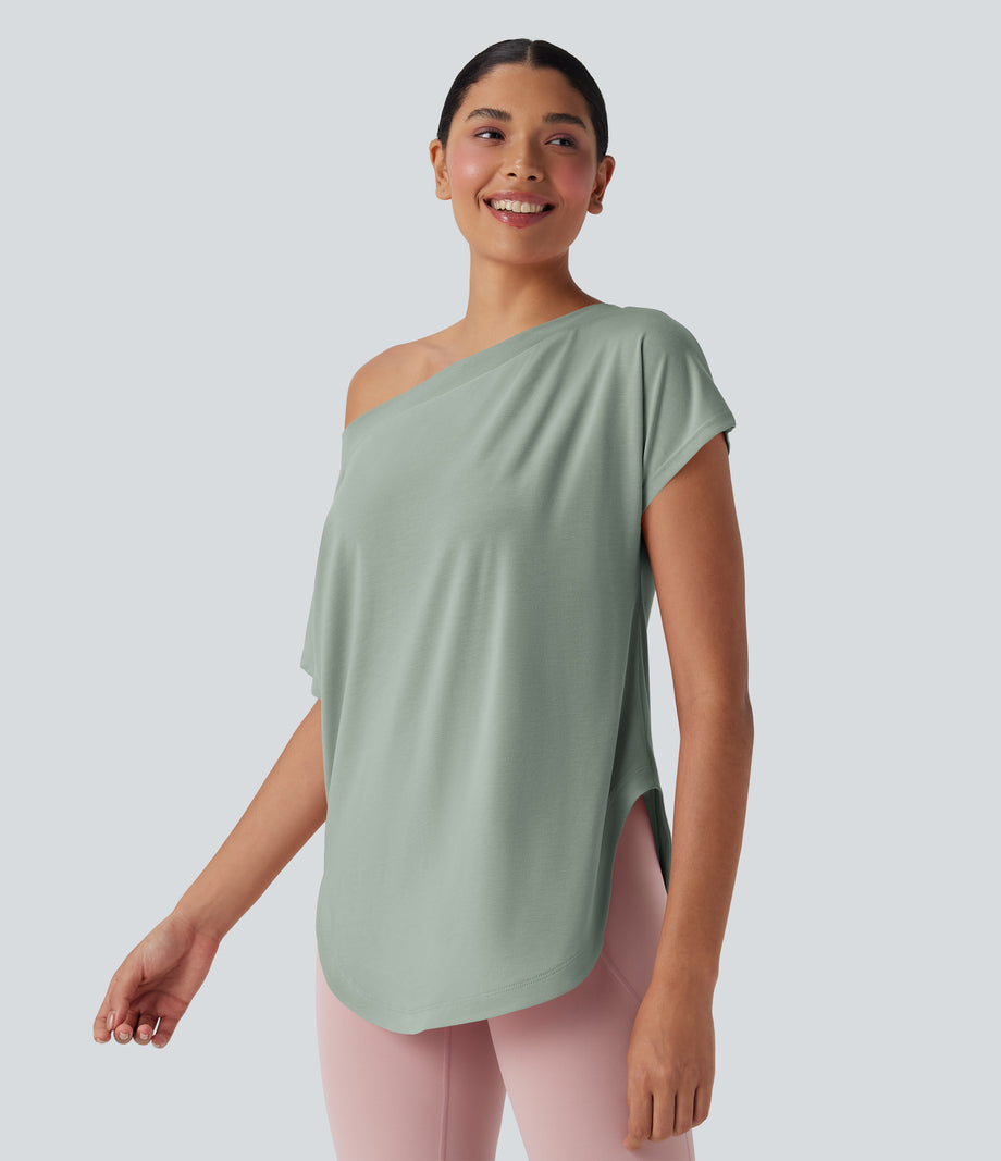 One Shoulder Short Sleeve Curved Hem High Low Quick Dry Yoga Sports Top - Iceberg Green